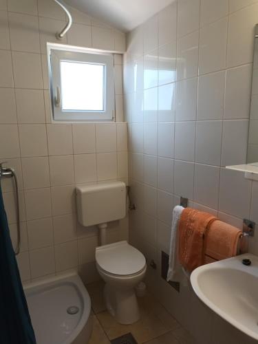 a bathroom with a toilet and a sink and a window at Apartments Branka in Ika