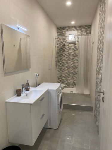 a bathroom with a sink and a washing machine at Melitta apartment Giardini Naxos in Giardini Naxos