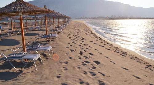 Willy Apartments في فيليبوجي: صف من الكراسي والمظلات على الشاطئ