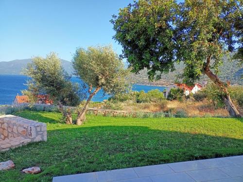 une cour verdoyante avec des arbres et de l'eau en arrière-plan dans l'établissement Nerea, à Agia Effimia