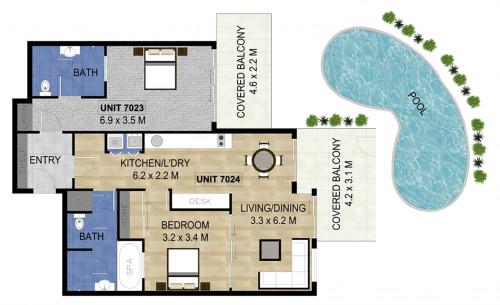 a floor plan of a villa with a swimming pool at Salt&Pepper Sanctuary - Plunge Pool Resort Apartment by uHoliday - 2BR, 1BR and Studio Hotel Room configurations available in Kingscliff