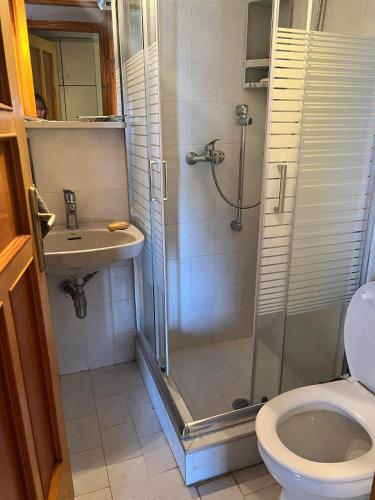 a bathroom with a shower and a toilet and a sink at house with sea and mountain view in Rozená