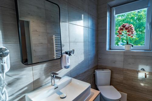 a bathroom with a sink and a toilet and a window at Apartamenty Admirał  in Solina