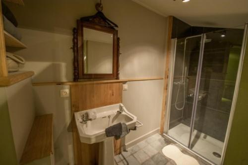 ein Badezimmer mit Waschbecken und Dusche in der Unterkunft De Reiskoffer in Oostvleteren