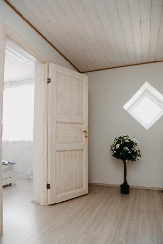 an open door with a plant in a room with a window at Vesiroos Apartment - Free parking in Pärnu