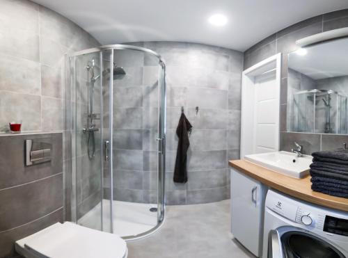 a bathroom with a shower and a toilet and a sink at Żwirek Muchomorek in Sterławki Małe