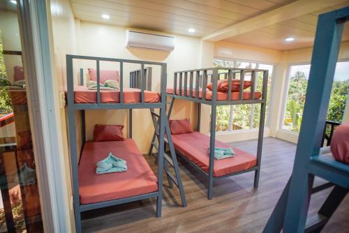 two bunk beds in a room with a window at Balay Greenika Alfonso Nature Resort in Alfonso