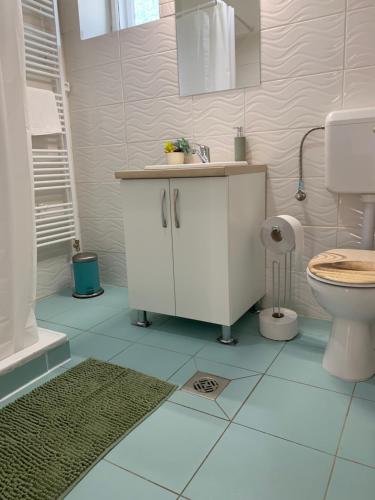 een badkamer met een witte wastafel en een toilet bij Bazsalikom Vendégház in Sárospatak