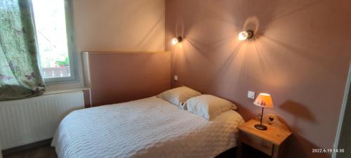 een kleine slaapkamer met een wit bed en een lamp bij Le petit coin au bord du lac in Doussard