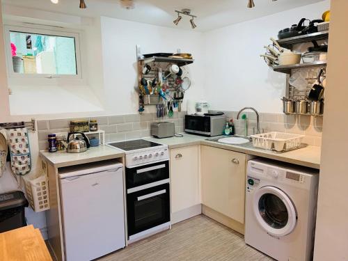 a small kitchen with a stove and a dishwasher at Campion Cottage in Brixham