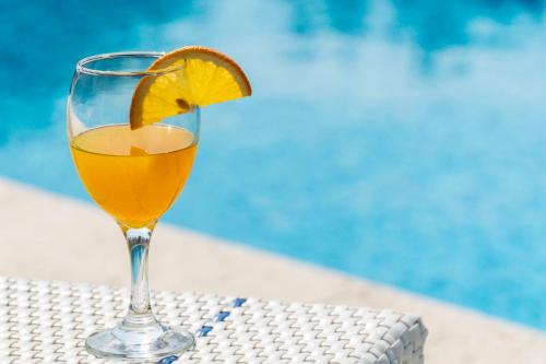 a glass of orange juice with an orange slice in it at Villa Pavicini 2181 in Šegotići