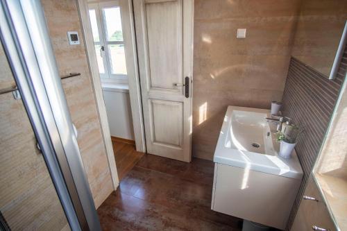 a bathroom with a white sink and a window at Villa Pavicini 2181 in Šegotići