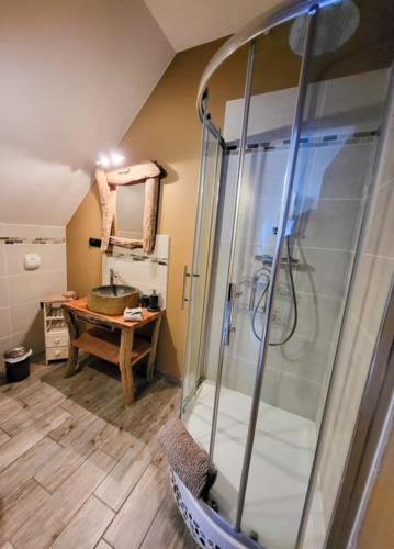 une salle de bain avec une douche avec une porte vitrée dans l'établissement Le GrandCoeur, au Bourg-dʼOisans