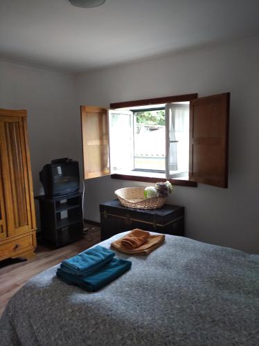 a bedroom with a bed and a window and a television at Casa de Fundevila in Campo do Gerês