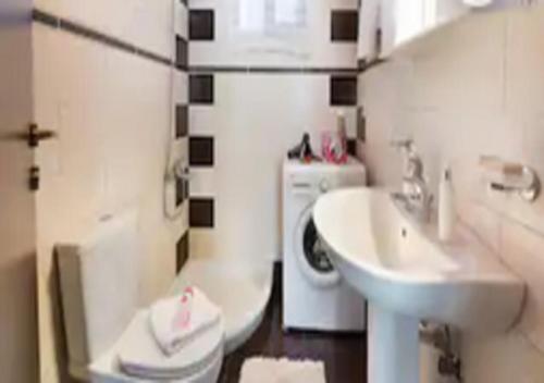 a small bathroom with a sink and a toilet and a sink at Anthi's House in Vlachopoulátika
