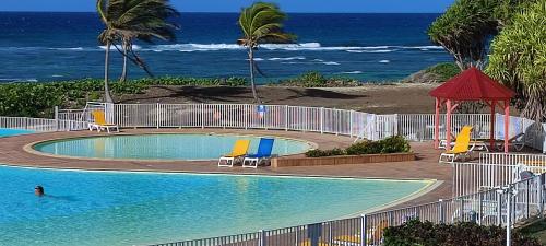a swimming pool with the ocean in the background at Cactus Anse Des Rochers in Saint-François