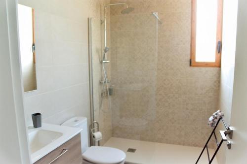 a bathroom with a shower and a toilet and a sink at Casa Bienvenida - La Naturaleza in Carcagente