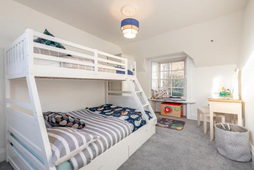 a bedroom with a bunk bed with a ladder at Charming Cardoon Cottage in beautiful village in Comrie