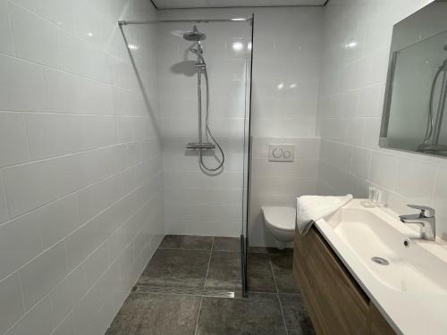 a bathroom with a shower and a sink and a toilet at Woonhotel Petruskerk in Vlissingen