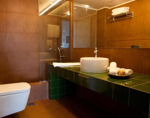 a bathroom with a sink and a toilet and a mirror at Erytha Hotel & Resort Chios in Karfas