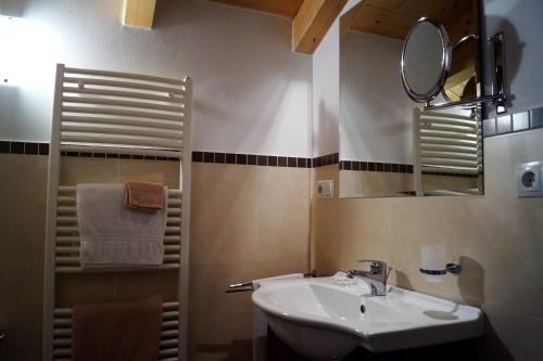a bathroom with a sink and a mirror at Haus Maiern in Ridanna