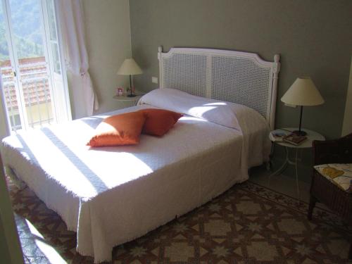 a bed with two pillows on it in a bedroom at La Felice Casa Di Nonno Battistino in Apricale