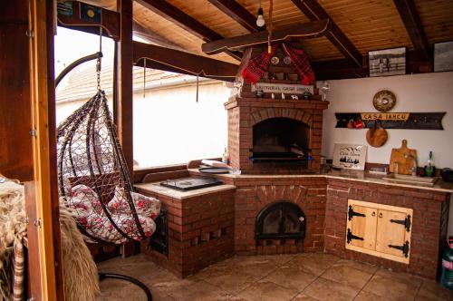 uma cozinha com um forno de tijolos num quarto em Casa Iancu em Jina