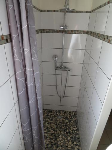 y baño con ducha y cortina de ducha. en Bungalow des Palétuviers, en Morne-à-lʼEau