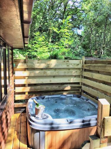 bañera de hidromasaje en una terraza con una valla de madera en Wren 21-Hot Tub-Woodland Lodges-Tenby-Camarthenshire, en Carmarthen