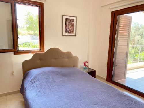 a bedroom with a bed and a large window at Demelida Villa in Tsada, Paphos in Tsadha