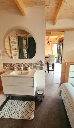 une salle de bain avec un lavabo et un miroir dans l'établissement Cabourg Dives Houlgate - Cosy private home, à Dives-sur-Mer