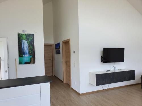 a living room with a tv on a white wall at Ferienhäuser Seetraum Premium Card inklusive in Weissensee
