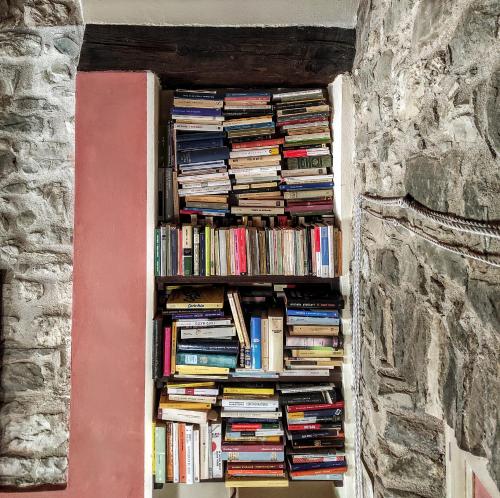 a book shelf filled with lots of books at Eremo Gioioso in Pontremoli