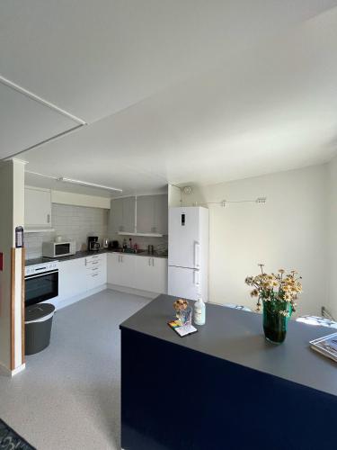 a kitchen with white cabinets and a blue counter top at Trosa Vandrarhem in Trosa