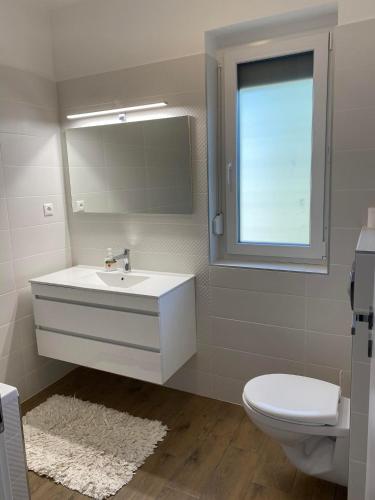 a bathroom with a sink and a toilet and a mirror at Mark Apartman in Balatonszárszó