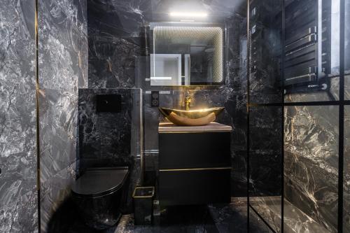 W łazience znajduje się umywalka, toaleta i lustro. w obiekcie PORT 77 w mieście Krynica Morska