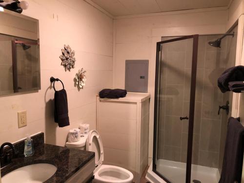 a bathroom with a shower and a toilet and a sink at Avenwood Cabins in Logan