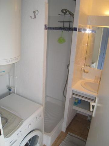 une petite salle de bains avec un lave-linge et un lavabo dans l'établissement Villa Samaria 3 Pièces Mezzanine CAP D'AGDE, au Cap d'Agde