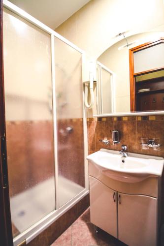 a bathroom with a shower and a sink at Hotel Vila Vrbas in Banja Luka
