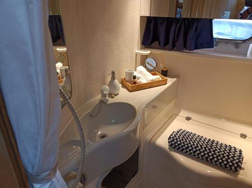 un piccolo bagno con lavandino e doccia di Barco Apartamento Buzios III Cascais a Cascais