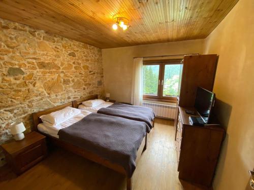 a bedroom with two beds and a television in it at Villa Ahrida in Smolyan