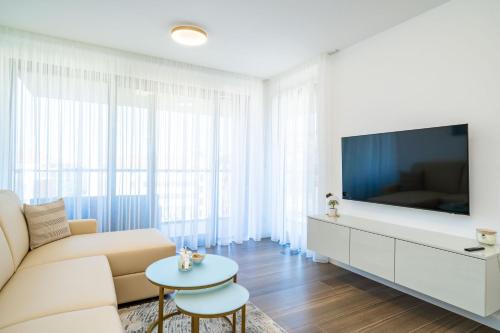 a living room with a couch and a tv at Apartments Zadro in Dubrovnik