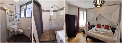 two pictures of a bathroom with a bed and a shower at Hotel Des Falaises in Étretat