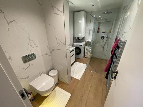 a white bathroom with a toilet and a shower at Luxusní apartmán GRAND v centru Harrachova se saunou, wallboxem EV, parkováním zdarma, Netflix a HBO, velkým balkonem a výhledem na Čertovu horu ,sjezdovku a skokanské můstky in Harrachov