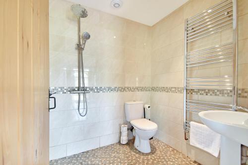 a bathroom with a shower and a toilet and a sink at The Cow Shed at Quex Park Estate in Birchington