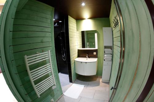 a green bathroom with a sink and a mirror at La Ligule in Mignault