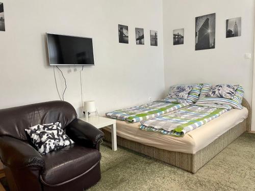 1 dormitorio con 1 cama, 1 silla y TV en Rudolf House en Budapest