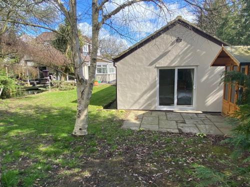 a small white shed with a tree in the yard at Chase Bungalow in Billericay