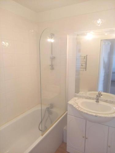 une salle de bain blanche avec un lavabo et une douche dans l'établissement Appartement confortable à Besse - 40 m² avec balcon vue montagne, à Besse-et-Saint-Anastaise