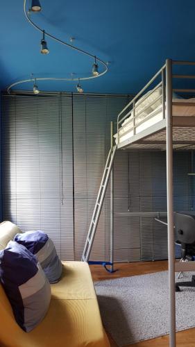 Cette chambre dispose de lits superposés et d'une échelle. dans l'établissement Chambre, avec accès à la cuisine, et au jardin calme, à La Copechagnière